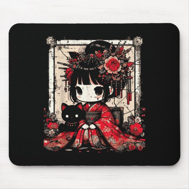 Chibi Kimono Girl Black Cat Flowers Japanese Art W Mouse Mat (Front)
