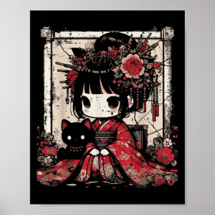 Chibi Kimono Girl Black Cat Flowers Japanese Art W Poster