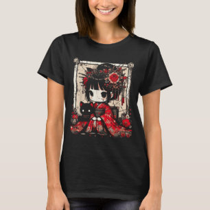 Chibi Kimono Girl Black Cat Flowers Japanese Art W T-Shirt