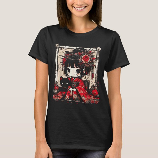 Chibi Kimono Girl Black Cat Flowers Japanese Art W T-Shirt (Front)