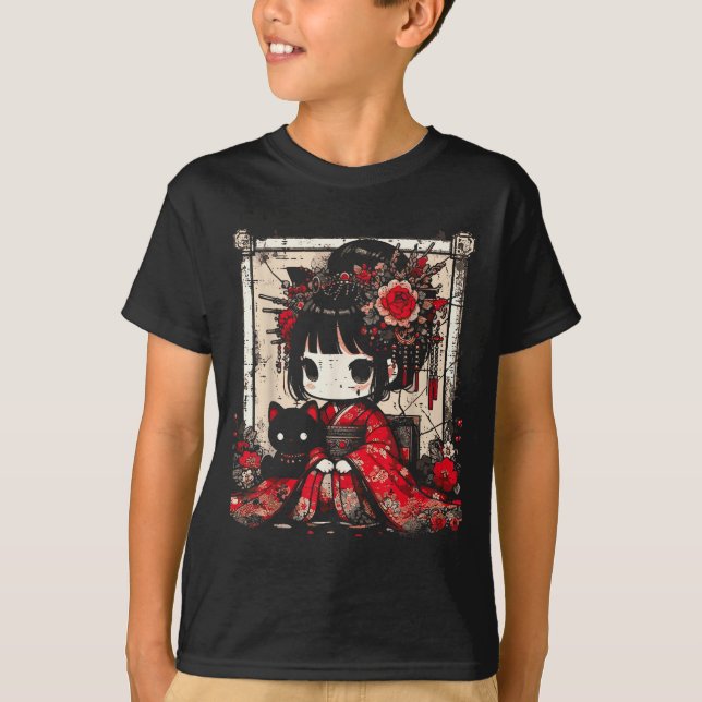 Chibi Kimono Girl Black Cat Flowers Japanese Art W T-Shirt (Front)