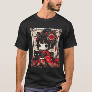 Chibi Kimono Girl Black Cat Flowers Japanese Art W T-Shirt