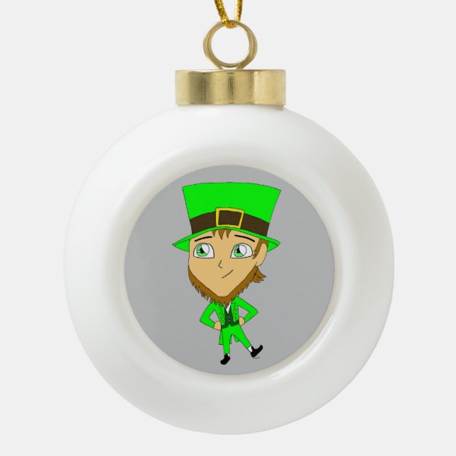 chibi   leprechaun   ceramic ball christmas ornament (Front)