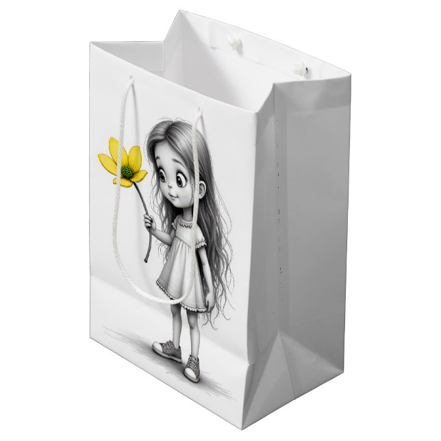 Chibi Little Girl With Yellow Flower Medium Gift Bag (Front Angled)