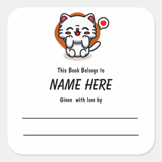Chibi Love Cat Children's Bookplate With Message Square Sticker (Front)
