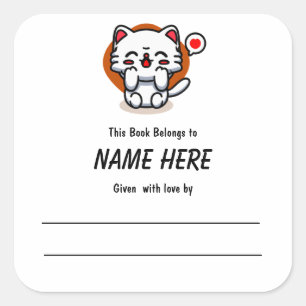Chibi Love Cat Children's Bookplate With Message Square Sticker