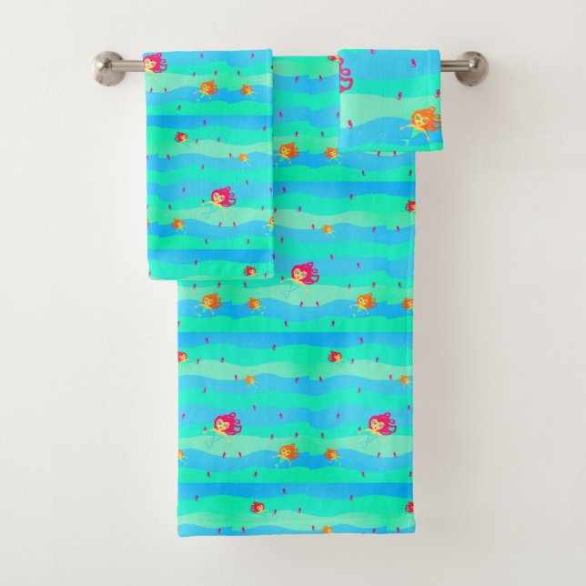 Chibi Mermaids & Seahorses towel set (Insitu)