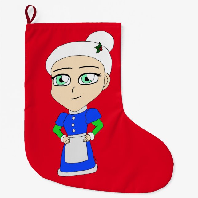 Chibi Mrs. Claus blue suit Large Christmas Stocking (Front)