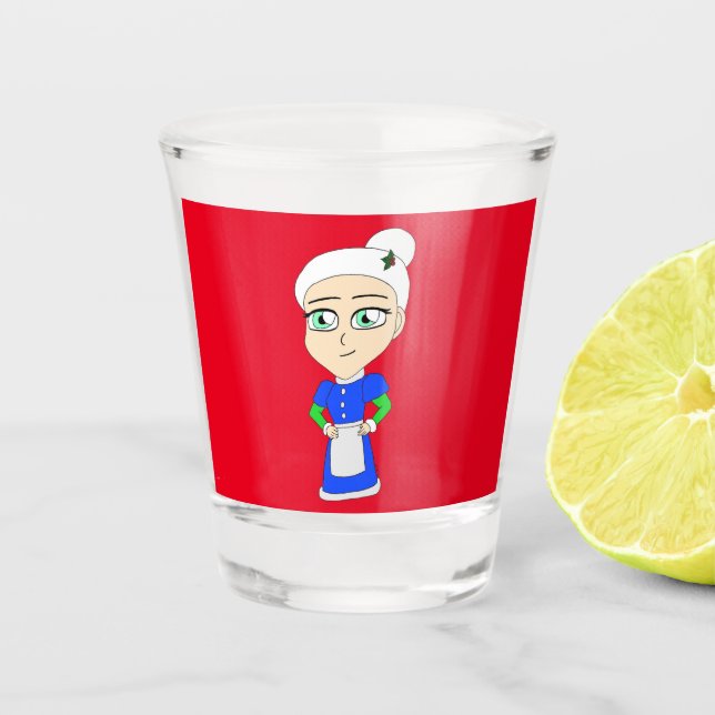 Chibi Mrs. Claus blue suit Shot Glass (Front)