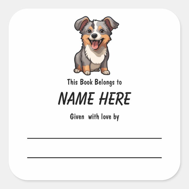 Chibi Puppy Children's Bookplate With Message Square Sticker (Front)