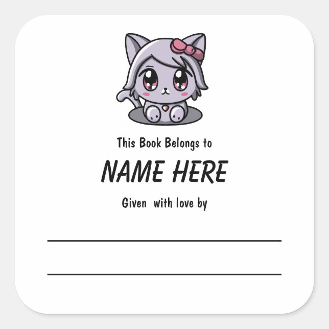 Chibi Purple Cat Children's Bookplate With Message Square Sticker (Front)