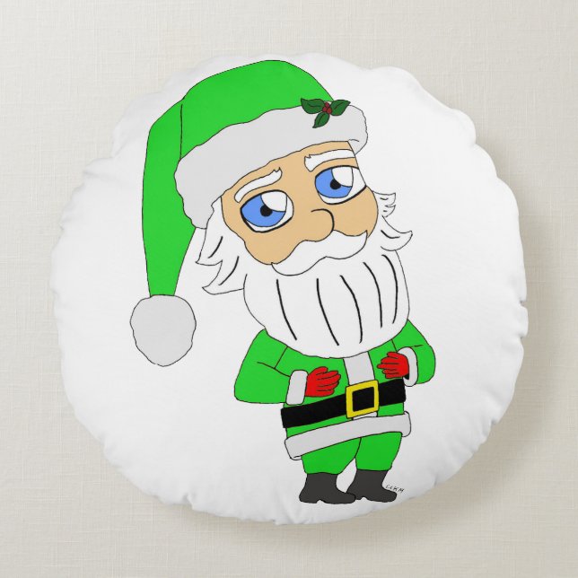 Chibi Santa green suit Round Cushion (Front)