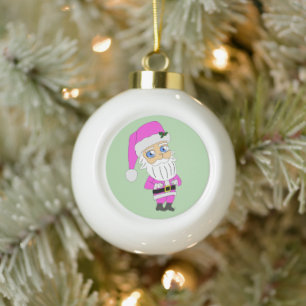 Chibi Santa pink suit Ceramic Ball Christmas Ornament