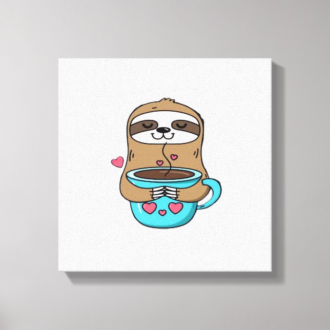Chibi Sloth Coffee Lover � Cute Kawaii Sloth Huggi Canvas Print (Front)