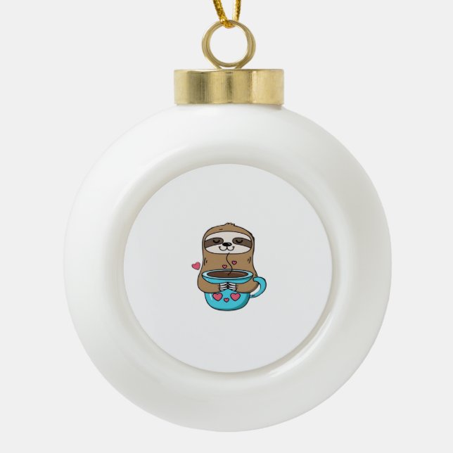 Chibi Sloth Coffee Lover – Cute Kawaii Sloth Huggi Ceramic Ball Christmas Ornament (Front)