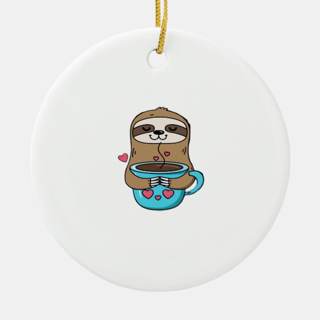 Chibi Sloth Coffee Lover � Cute Kawaii Sloth Huggi Ceramic Tree Decoration (Front)
