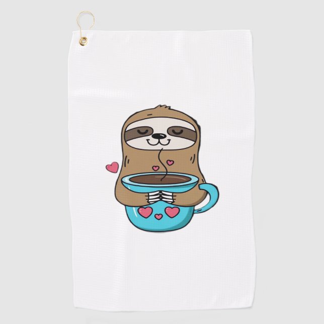 Chibi Sloth Coffee Lover – Cute Kawaii Sloth Huggi Golf Towel (Front)