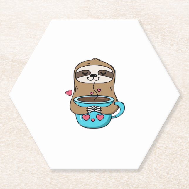 Chibi Sloth Coffee Lover – Cute Kawaii Sloth Huggi Paper Coaster (Front)