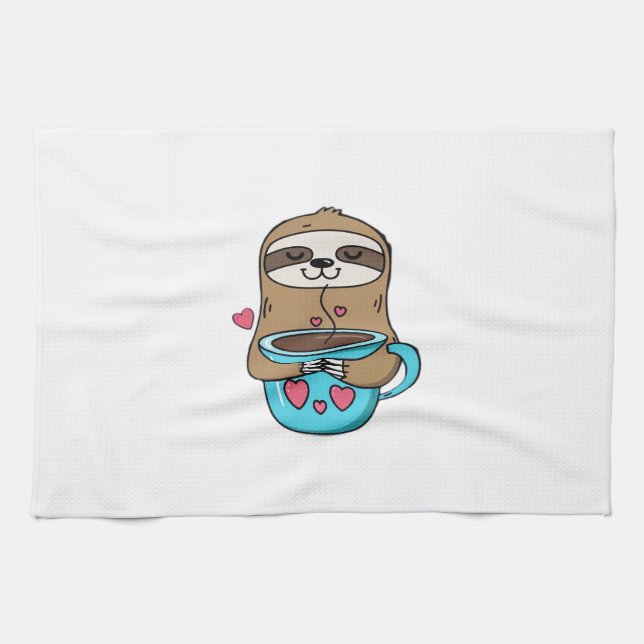 Chibi Sloth Coffee Lover � Cute Kawaii Sloth Huggi Tea Towel (Horizontal)