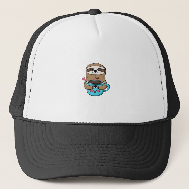 Chibi Sloth Coffee Lover � Cute Kawaii Sloth Huggi Trucker Hat (Front)