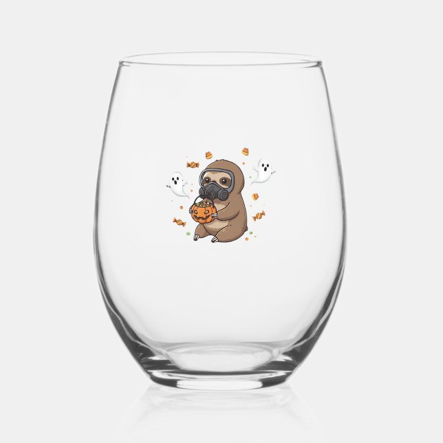 Chibi Sloth Hazmat Halloween Oversized T-Shirt Stemless Wine Glass (Front)