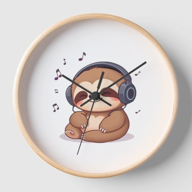 Chibi Sloth with Headphones � Cute Kawaii Relaxing Clock (Front)