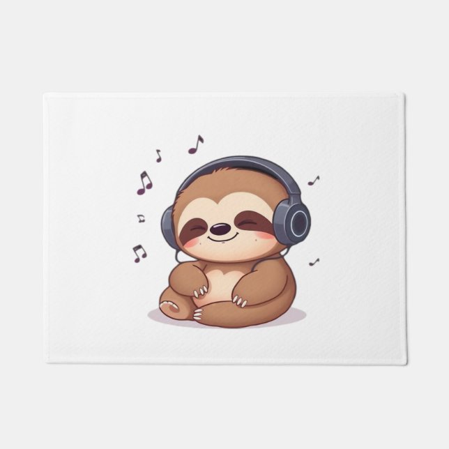 Chibi Sloth with Headphones � Cute Kawaii Relaxing Doormat (Front)