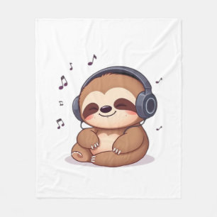 Chibi Sloth with Headphones � Cute Kawaii Relaxing Fleece Blanket