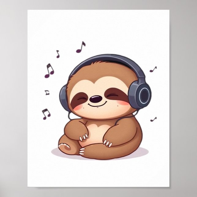 Chibi Sloth with Headphones � Cute Kawaii Relaxing Poster (Front)