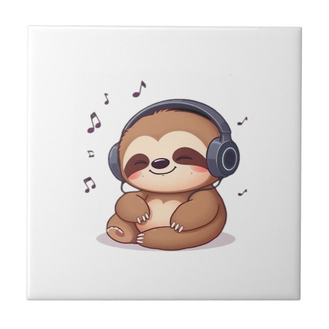 Chibi Sloth with Headphones � Cute Kawaii Relaxing Tile (Front)