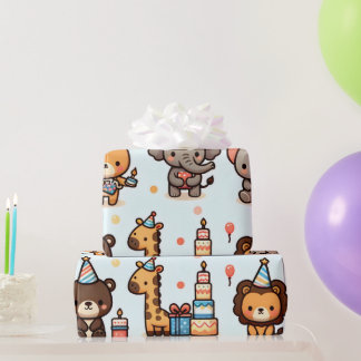 Chibi Style Animals in Birthday Hats Wrapping Paper