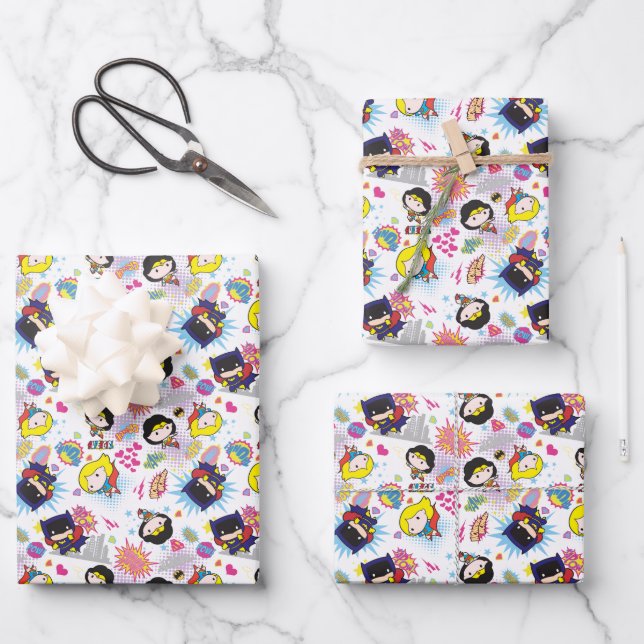 Chibi Super Heroine Pattern Wrapping Paper Sheet (Front)