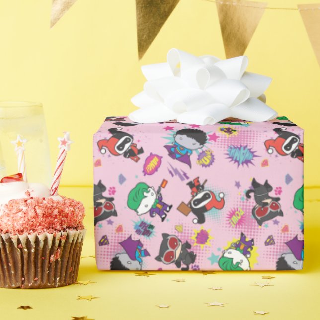 Chibi Super Villain Action Pattern Wrapping Paper (Birthday Party)