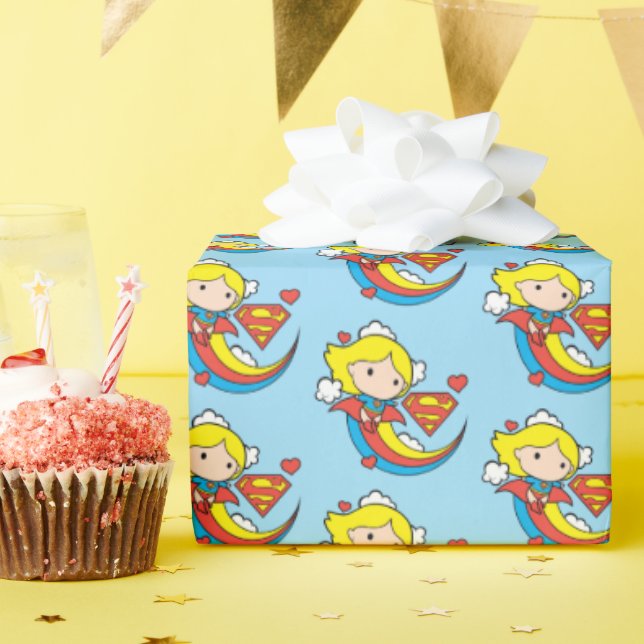 Chibi Supergirl Flying Rainbow Wrapping Paper (Birthday Party)
