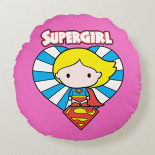 Chibi Supergirl Starburst Heart and Logo Round Cushion