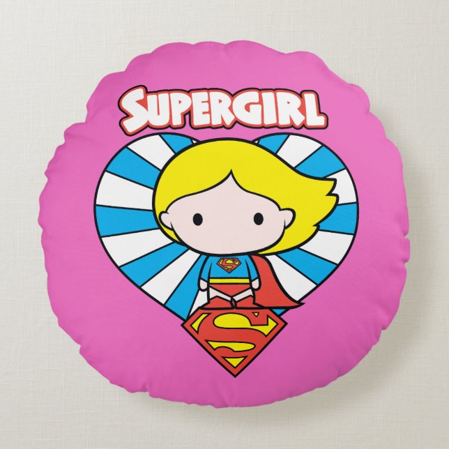 Chibi Supergirl Starburst Heart and Logo Round Cushion (Front)