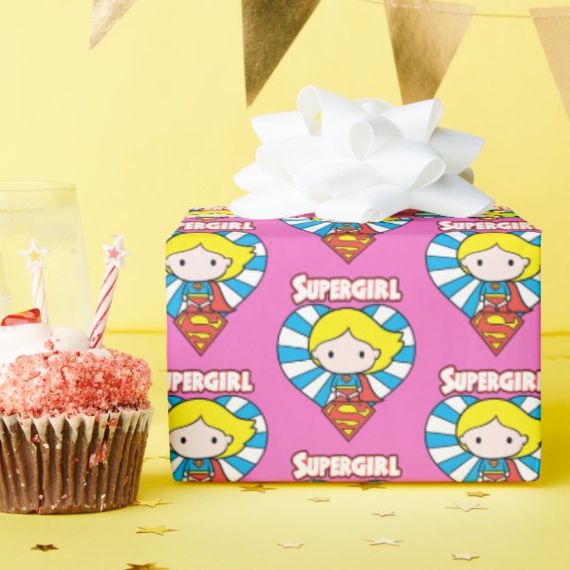 Chibi Supergirl Starburst Heart and Logo Wrapping Paper (Birthday Party)