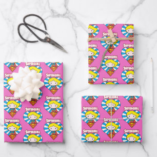 Chibi Supergirl Starburst Heart and Logo Wrapping Paper Sheet