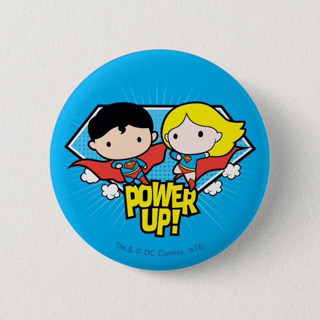 Chibi Superman & Chibi Supergirl Power Up! 6 Cm Round Badge (Front)