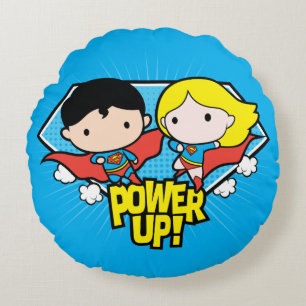 Chibi Superman & Chibi Supergirl Power Up! Round Cushion