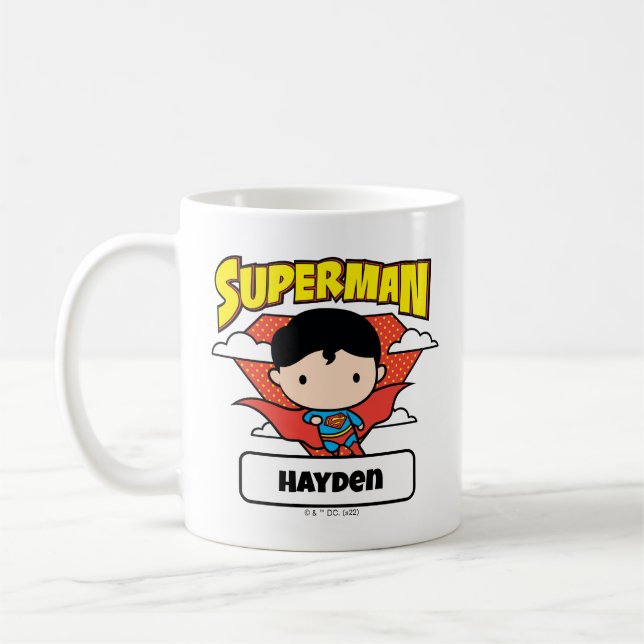 Chibi Superman Polka Dot Shield and Name Coffee Mug (Left)