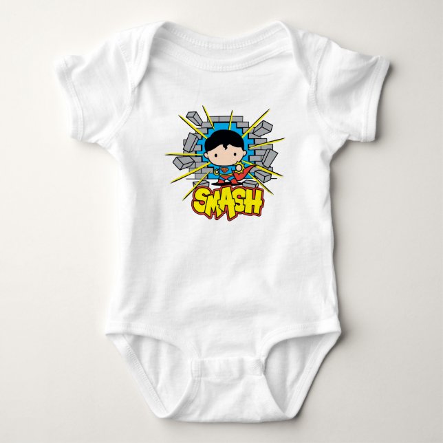 Chibi Superman Smashing Through Brick Wall Baby Bodysuit (Front)