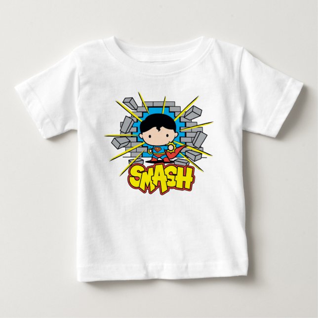 Chibi Superman Smashing Through Brick Wall Baby T-Shirt (Front)