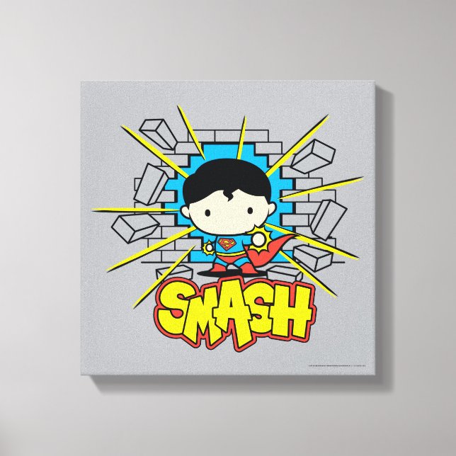 Chibi Superman Smashing Through Brick Wall Canvas Print (Front)