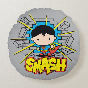 Chibi Superman Smashing Through Brick Wall Round Cushion