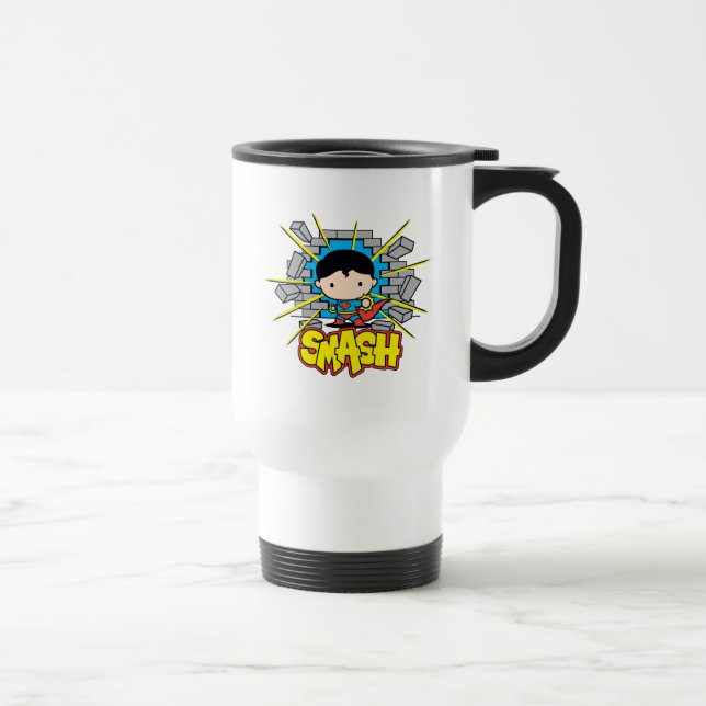 Chibi Superman Smashing Through Brick Wall Travel Mug (Right)