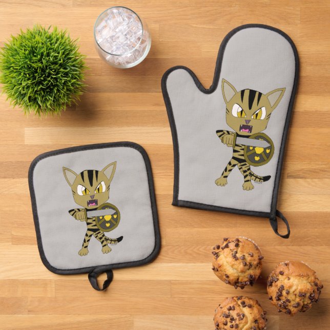 Chibi Warrior Cat Oven Mitt & Pot Holder Set (Top Down)