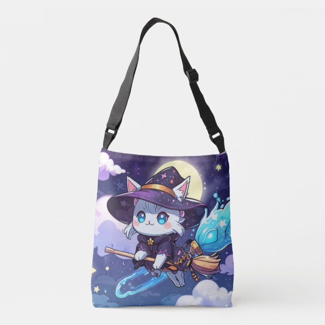 Chibi Witch Cat Flying in Starry Sky – Kawaii Magi Crossbody Bag (Back)