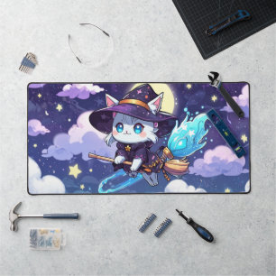 Chibi Witch Cat Flying in Starry Sky – Kawaii Magi Desk Mat