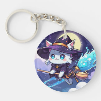 Chibi Witch Cat Flying in Starry Sky – Kawaii Magi Key Ring